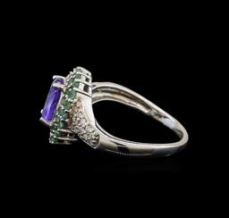 14KT White Gold 1.53 ctw Tanzanite, Emerald and Diamond Ring