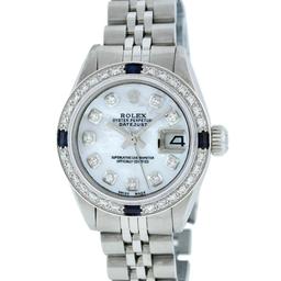 Rolex Ladies Stainless Steel Mother Of Pearl Diamond & Sapphire Datejust Wristwa