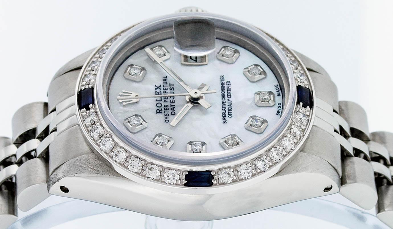 Rolex Ladies Stainless Steel Mother Of Pearl Diamond & Sapphire Datejust Wristwa