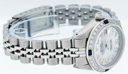 Rolex Ladies Stainless Steel Mother Of Pearl Diamond & Sapphire Datejust Wristwa