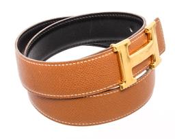 Hermes Brown Black Reversible Leather Belt Gold-Plated H Buckle 70