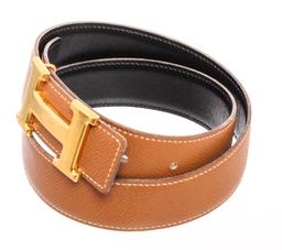 Hermes Brown Black Reversible Leather Belt Gold-Plated H Buckle 70