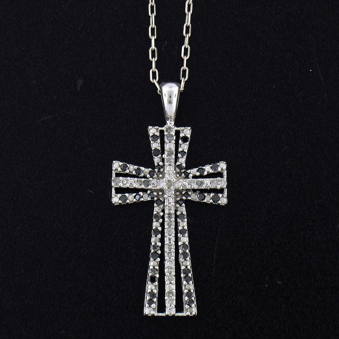 14K White Gold 0.33 ctw Single Cut White & Black Diamond Cross Pendant w/ Chain