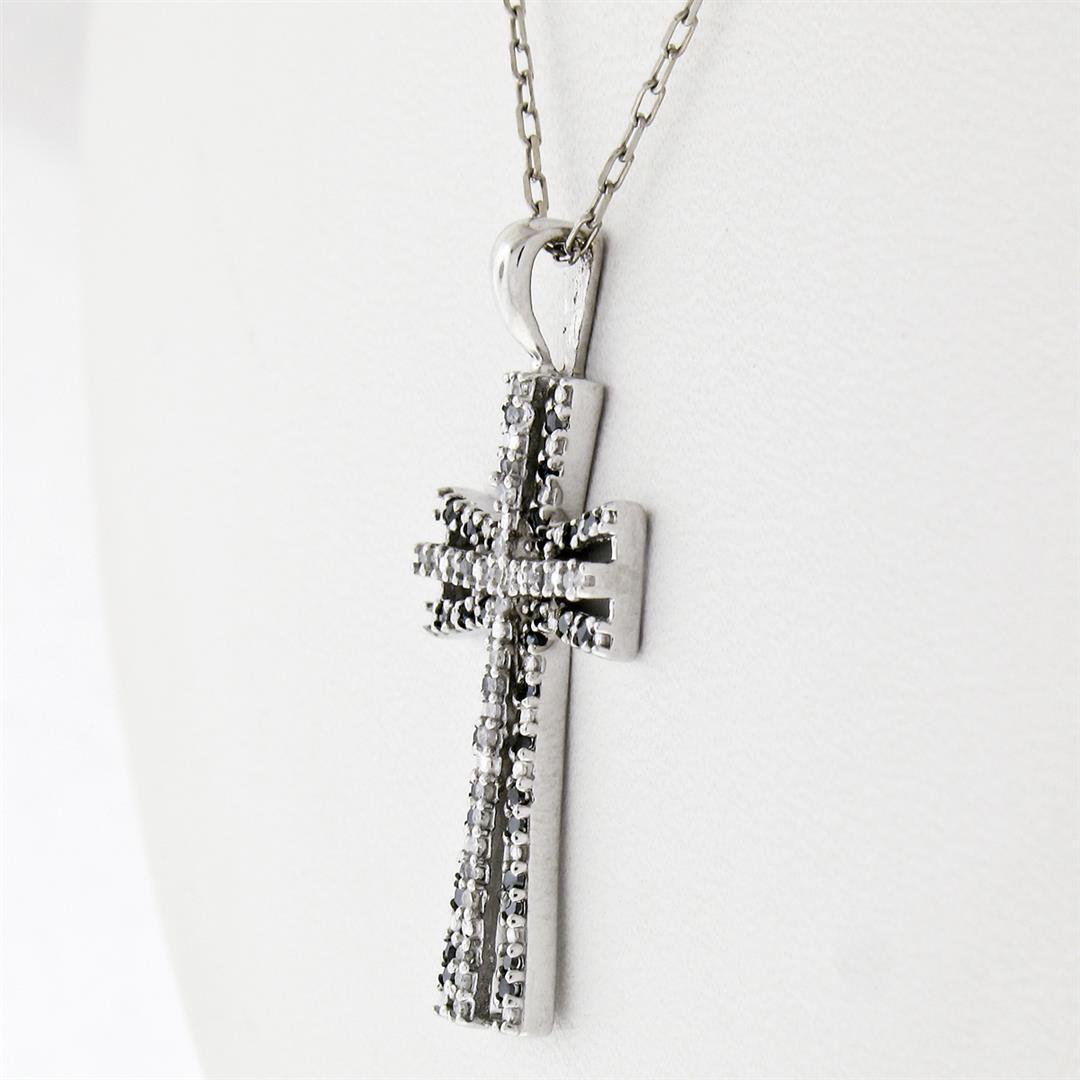 14K White Gold 0.33 ctw Single Cut White & Black Diamond Cross Pendant w/ Chain