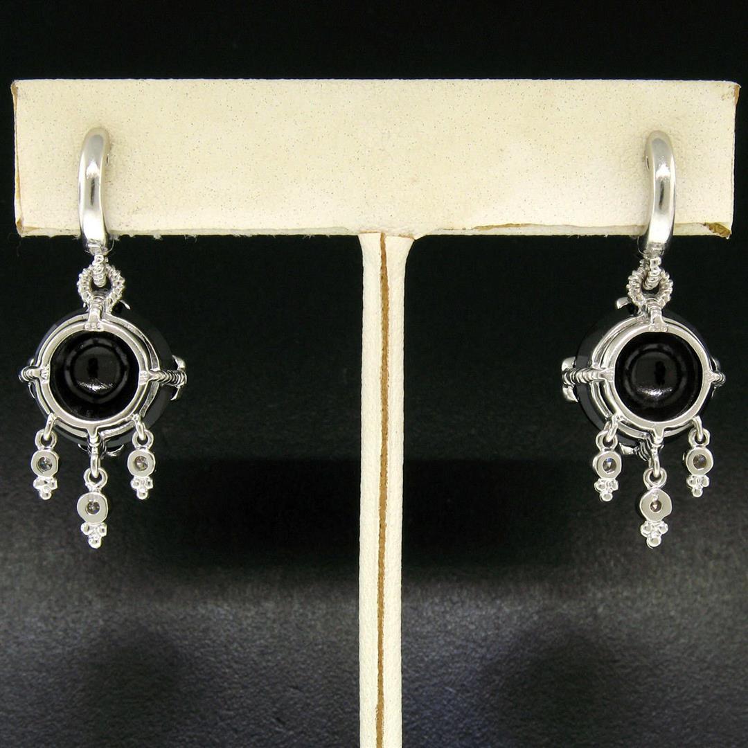 14k White Gold 11.2 ctw Round Garnet Dangle Earrings w/ Brilliant Diamond Accent