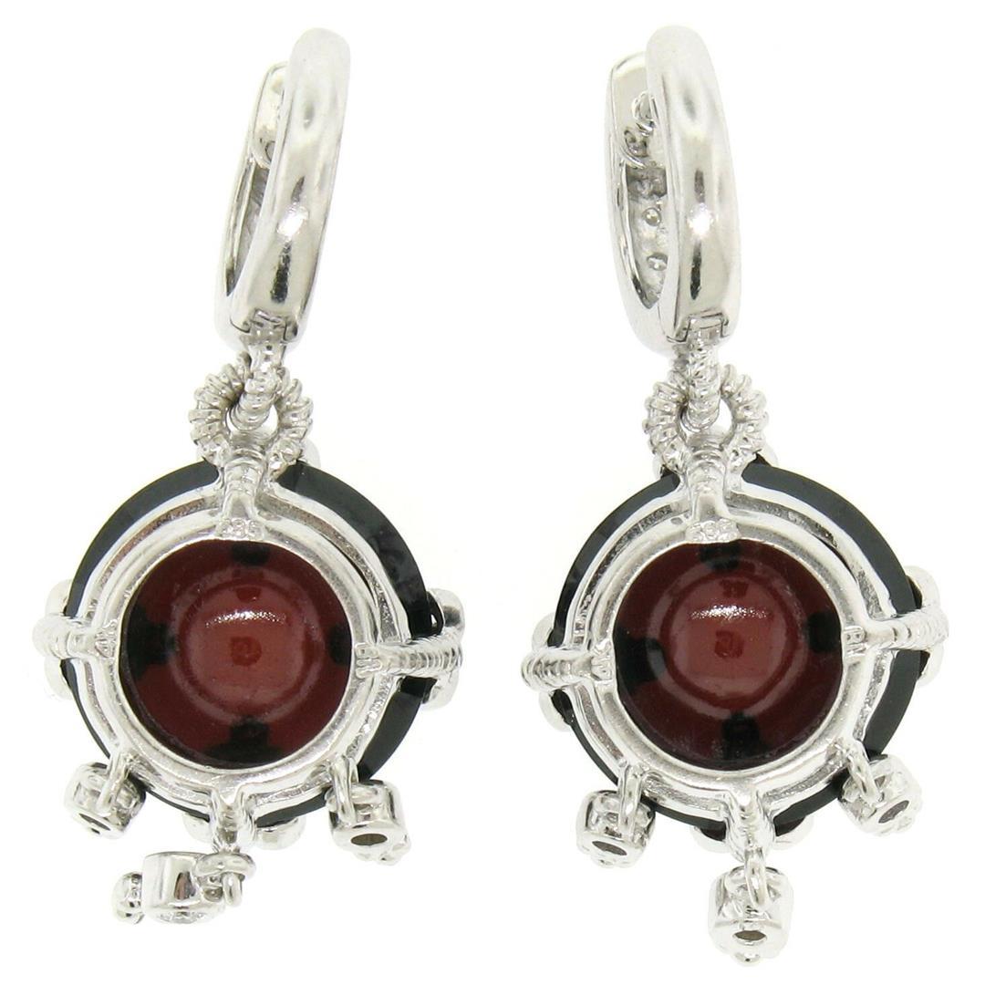 14k White Gold 11.2 ctw Round Garnet Dangle Earrings w/ Brilliant Diamond Accent