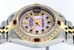 Rolex Ladies 2 Tone Yellow Gold Pink MOP Sapphire & Ruby Datejust Wriswatch