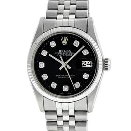 Rolex Mens Stainless Steel Black Diamond 36MM Datejust Wristwatch