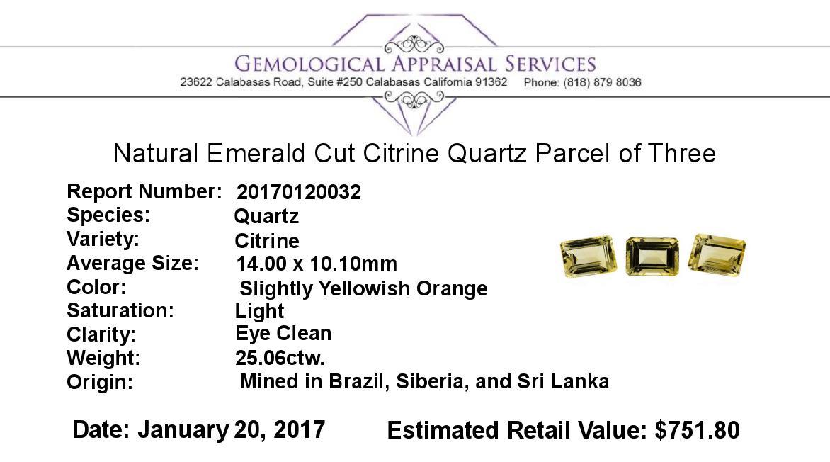 25.06 ctw.Natural Emerald Cut Citrine Quartz Parcel of Three