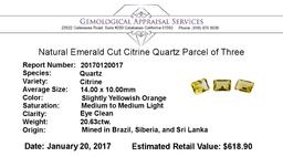 20.63 ctw.Natural Emerald Cut Citrine Quartz Parcel of Three