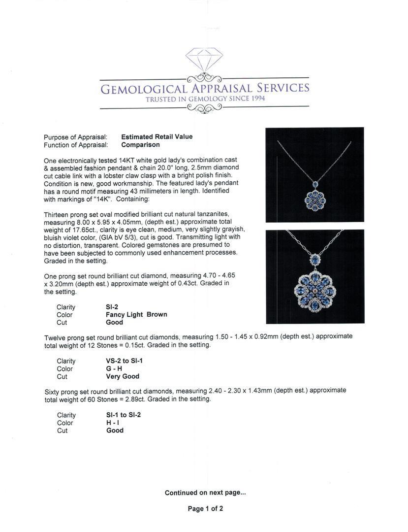 17.65 ctw Tanzanite and Diamond Pendant With Chain - 14KT White Gold