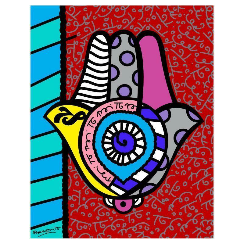 Romero Britto "Hamsa Red Up" Hand Signed Giclee on Canvas; Authenticated