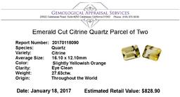 27.63 ctw.Natural Emerald Cut Citrine Quartz Parcel of Two