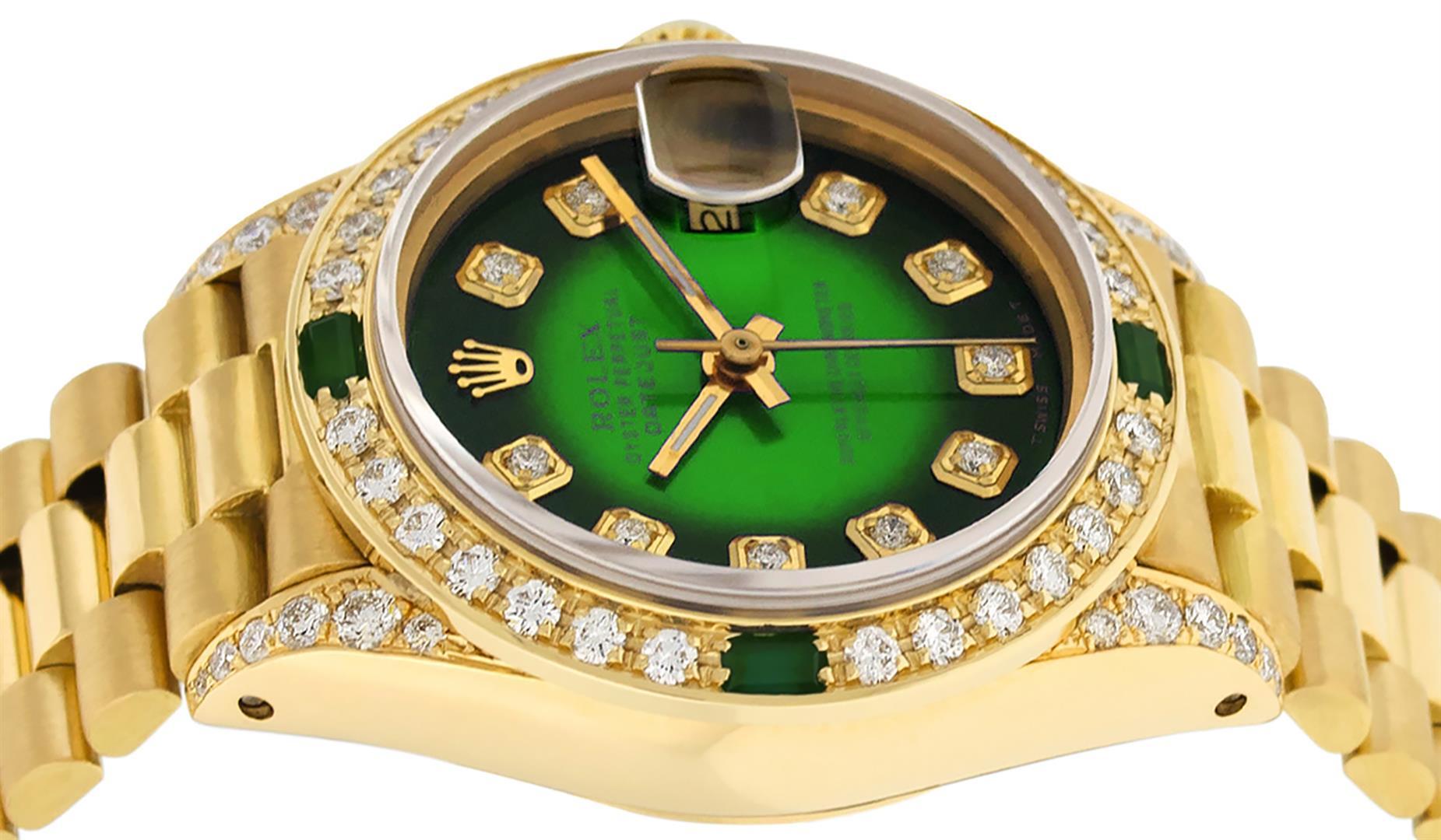 Rolex Ladies 18K Yellow Gold Green Vignette Diamond And Emerald President Wristw