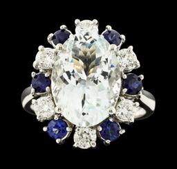 4.96 ctw Aquamarine, Sapphire and Diamond Ring - 14KT White Gold