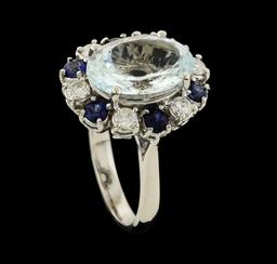 4.96 ctw Aquamarine, Sapphire and Diamond Ring - 14KT White Gold