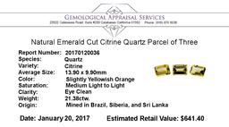 21.38 ctw.Natural Emerald Cut Citrine Quartz Parcel of Three