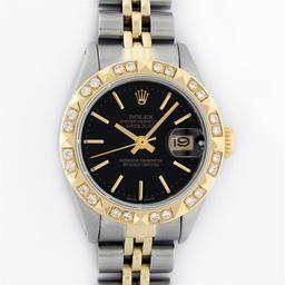 Rolex Ladies 2 Tone Black Index & Pyramid Diamond Oyster Perpetual Datejust Wris