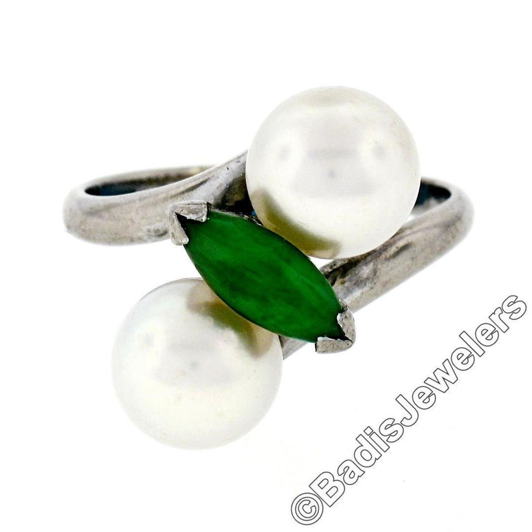 Vintage 14kt White Gold 8.35mm Round Pearl Marquise Cut Jade Bypass Ring