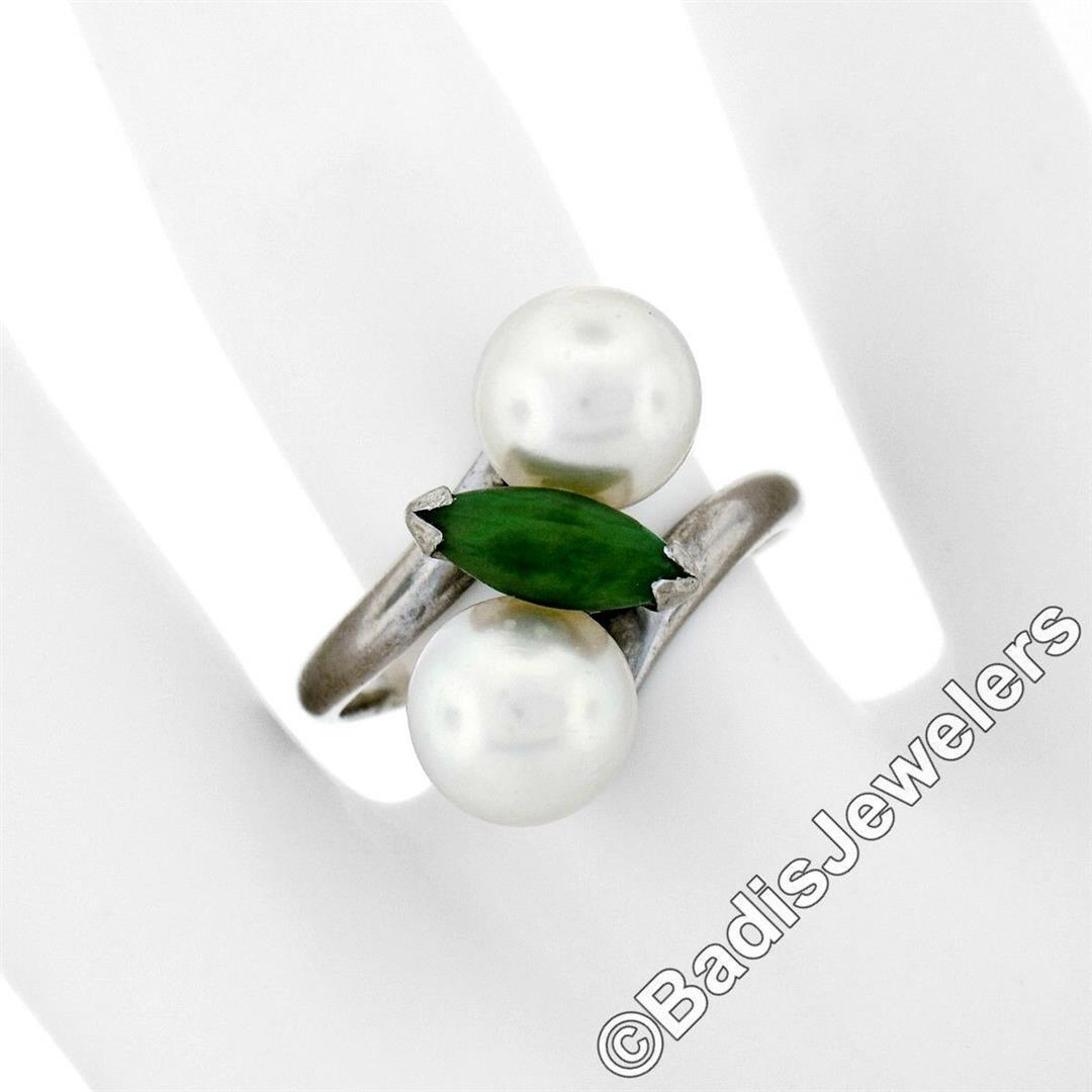 Vintage 14kt White Gold 8.35mm Round Pearl Marquise Cut Jade Bypass Ring