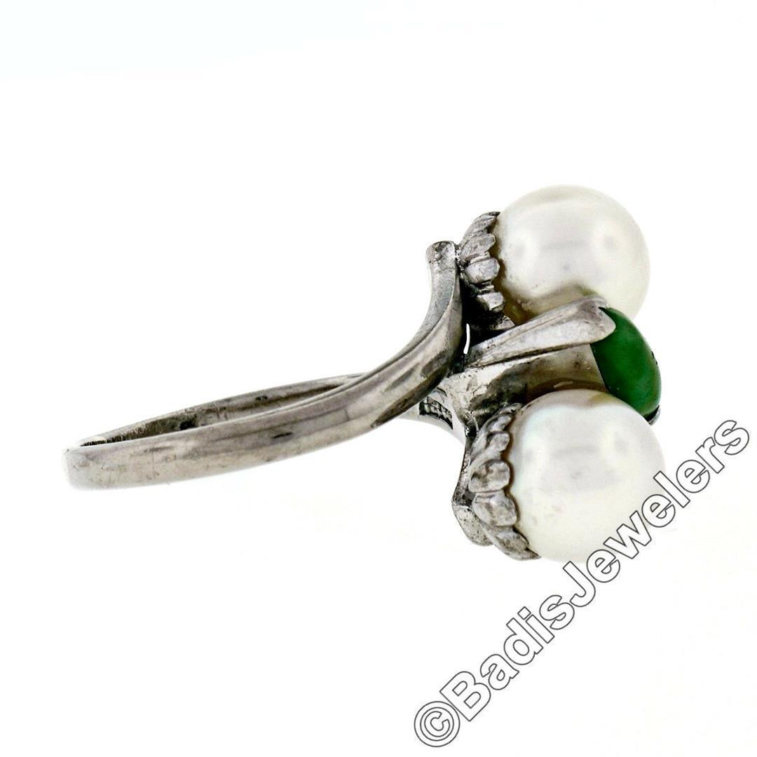 Vintage 14kt White Gold 8.35mm Round Pearl Marquise Cut Jade Bypass Ring