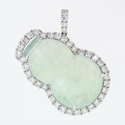 18k White Gold AGL Carved Grayish Green Jadeite Jade VS F 2.1 ctw Diamond Pendan