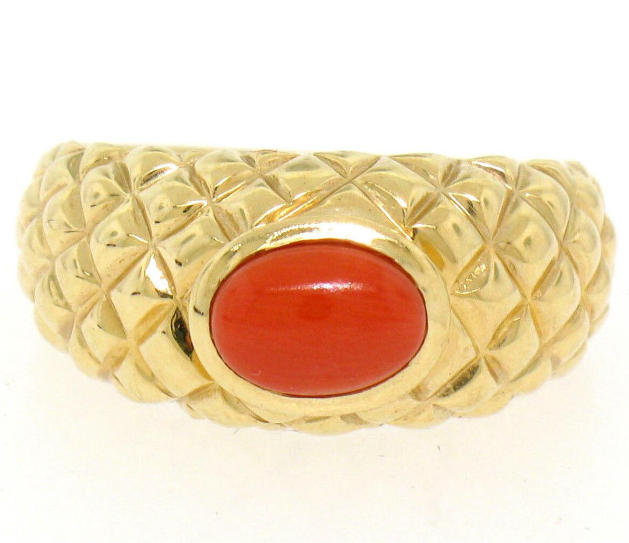 14k Yellow Gold Oval Cabochon Bezel Set Coral Domed Quilted Texture Ring