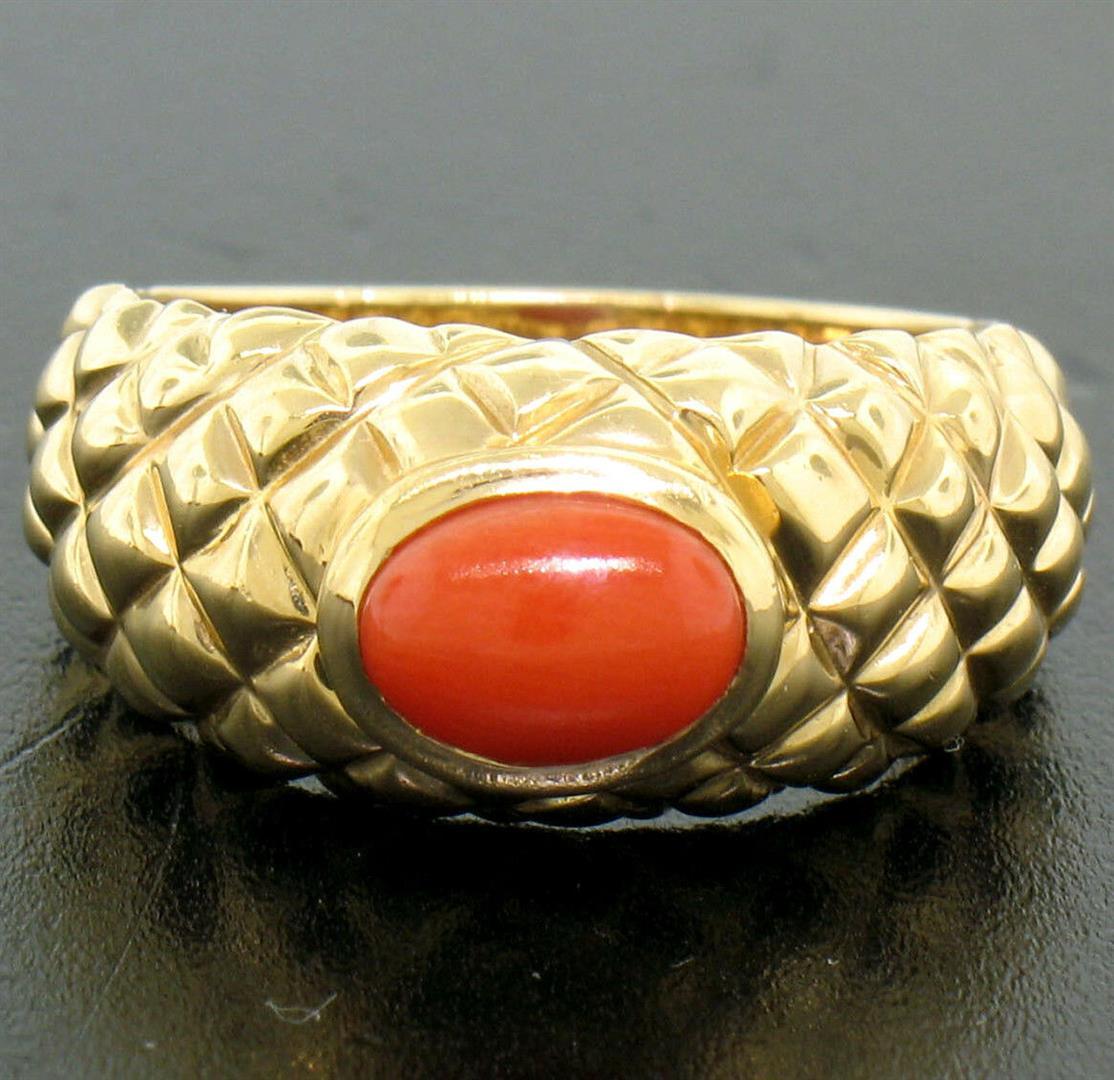 14k Yellow Gold Oval Cabochon Bezel Set Coral Domed Quilted Texture Ring