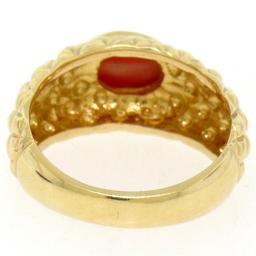14k Yellow Gold Oval Cabochon Bezel Set Coral Domed Quilted Texture Ring