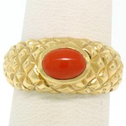 14k Yellow Gold Oval Cabochon Bezel Set Coral Domed Quilted Texture Ring