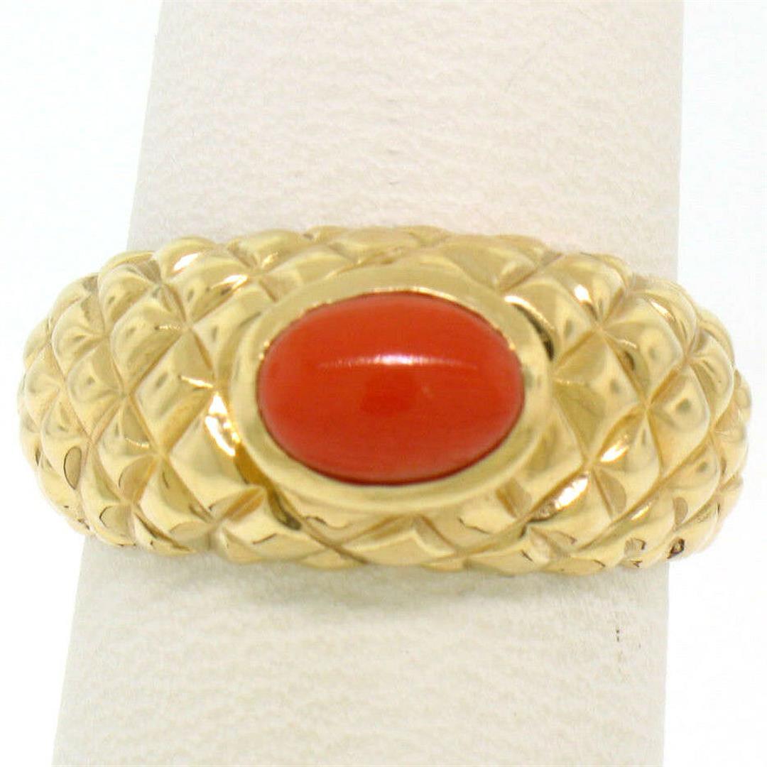 14k Yellow Gold Oval Cabochon Bezel Set Coral Domed Quilted Texture Ring