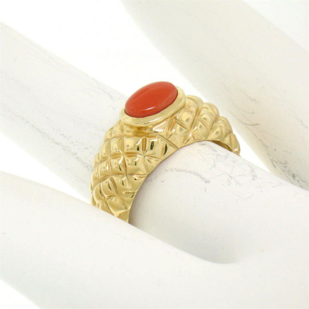 14k Yellow Gold Oval Cabochon Bezel Set Coral Domed Quilted Texture Ring