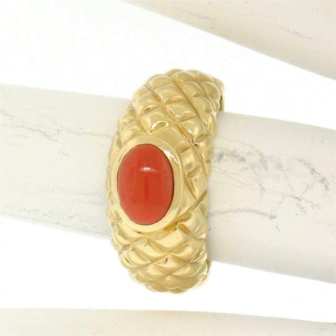 14k Yellow Gold Oval Cabochon Bezel Set Coral Domed Quilted Texture Ring