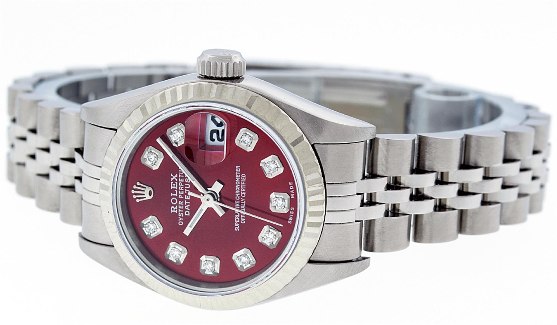 Rolex Ladies Stainless Steel Red Diamond Quickset Datejust Wristwatch 26MM