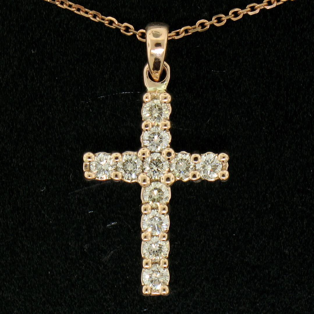 14k Rose Gold 0.75 ctw Round Brilliant Diamond Petite Cross Pendant w/ 16" Chain