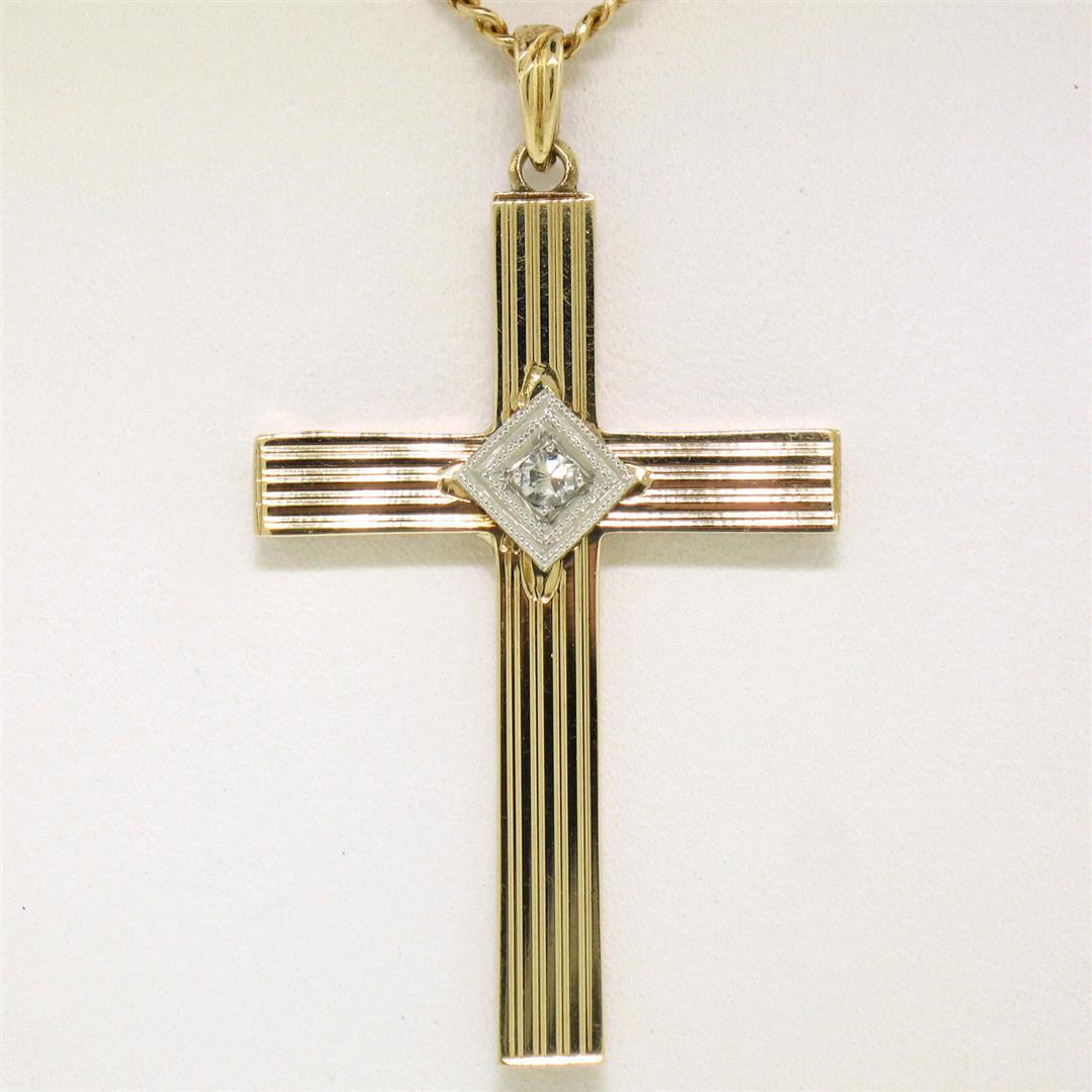 Antique Esemco 14kt Two Tone Gold Diamond Cross Pendant Necklace