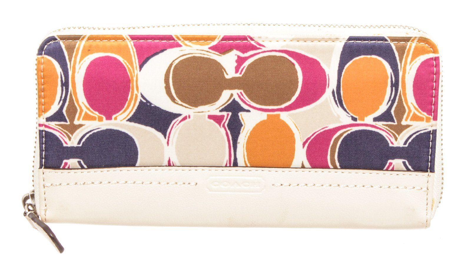 Coach White Multicolor Hand Drawn Scarf Print Canvas &amp; Leather Zippy Wallet