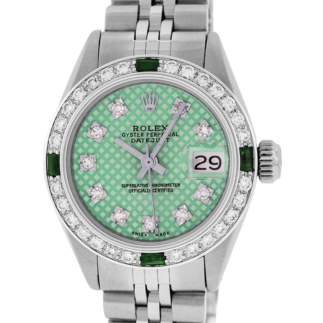 Rolex Ladies Stainless Steel Green Stamp Diamond & Emerald Datejust Wristwatch