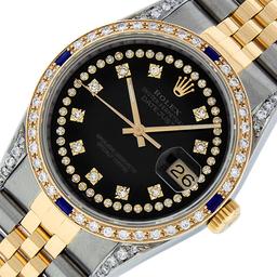 Rolex Mens 2 Tone Black Diamond String Lugs & Sapphire Datejust Wristwatch