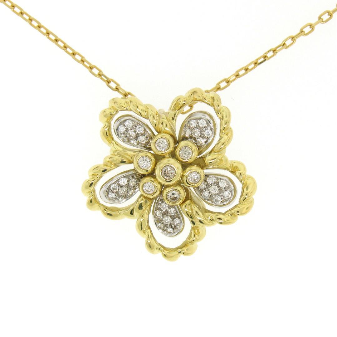 18k Yellow and White Gold 1.22 ctw Diamond Cluster Flower Pendant Necklace