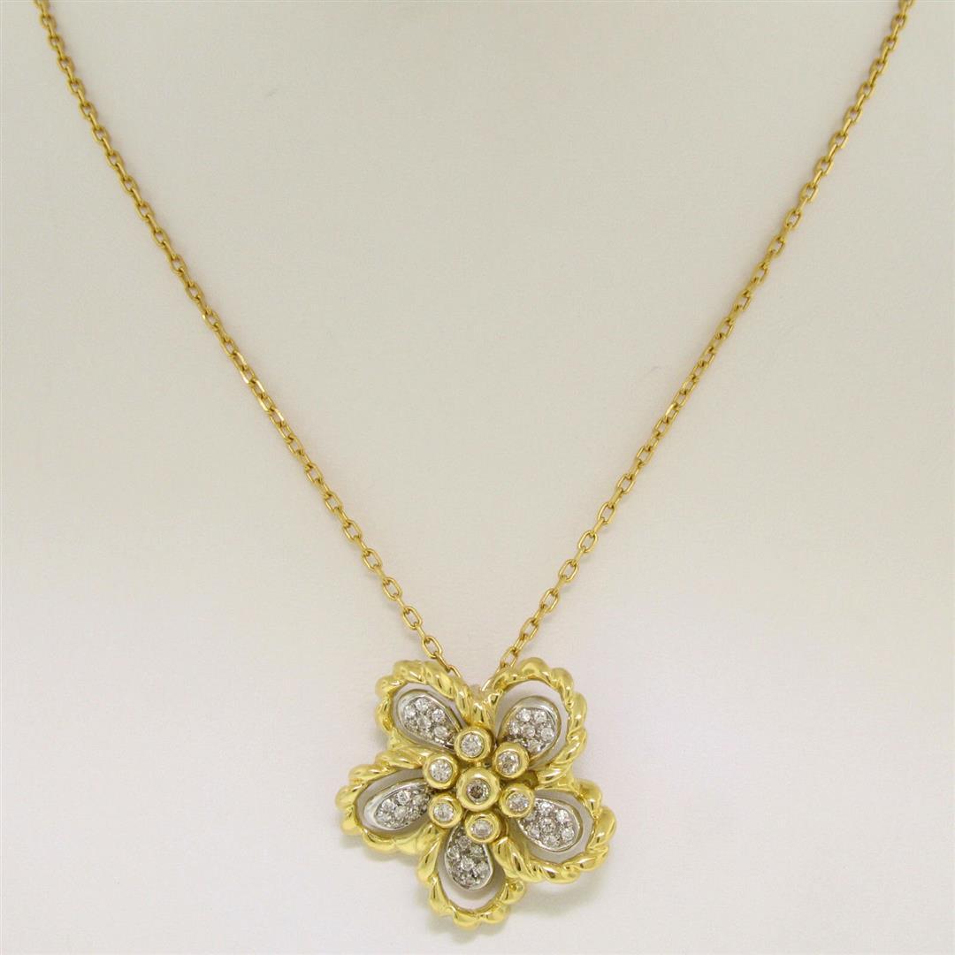 18k Yellow and White Gold 1.22 ctw Diamond Cluster Flower Pendant Necklace