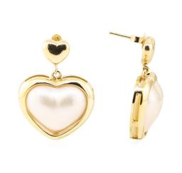 Heart Shaped Mother of Pearl Dangle Earrings - 14KT Yellow Gold