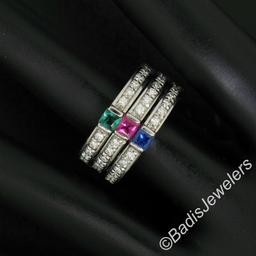 Set of 3 Stackable 18kt White Gold Emerald Ruby Sapphire and Diamond Band Rings