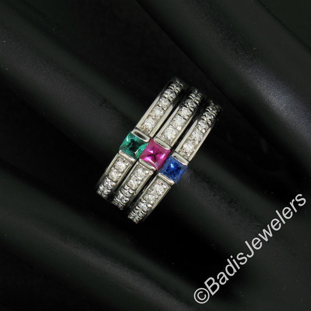 Set of 3 Stackable 18kt White Gold Emerald Ruby Sapphire and Diamond Band Rings