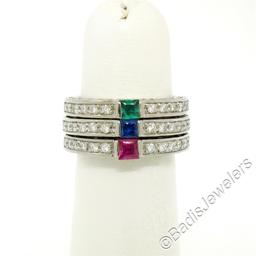 Set of 3 Stackable 18kt White Gold Emerald Ruby Sapphire and Diamond Band Rings