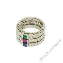 Set of 3 Stackable 18kt White Gold Emerald Ruby Sapphire and Diamond Band Rings