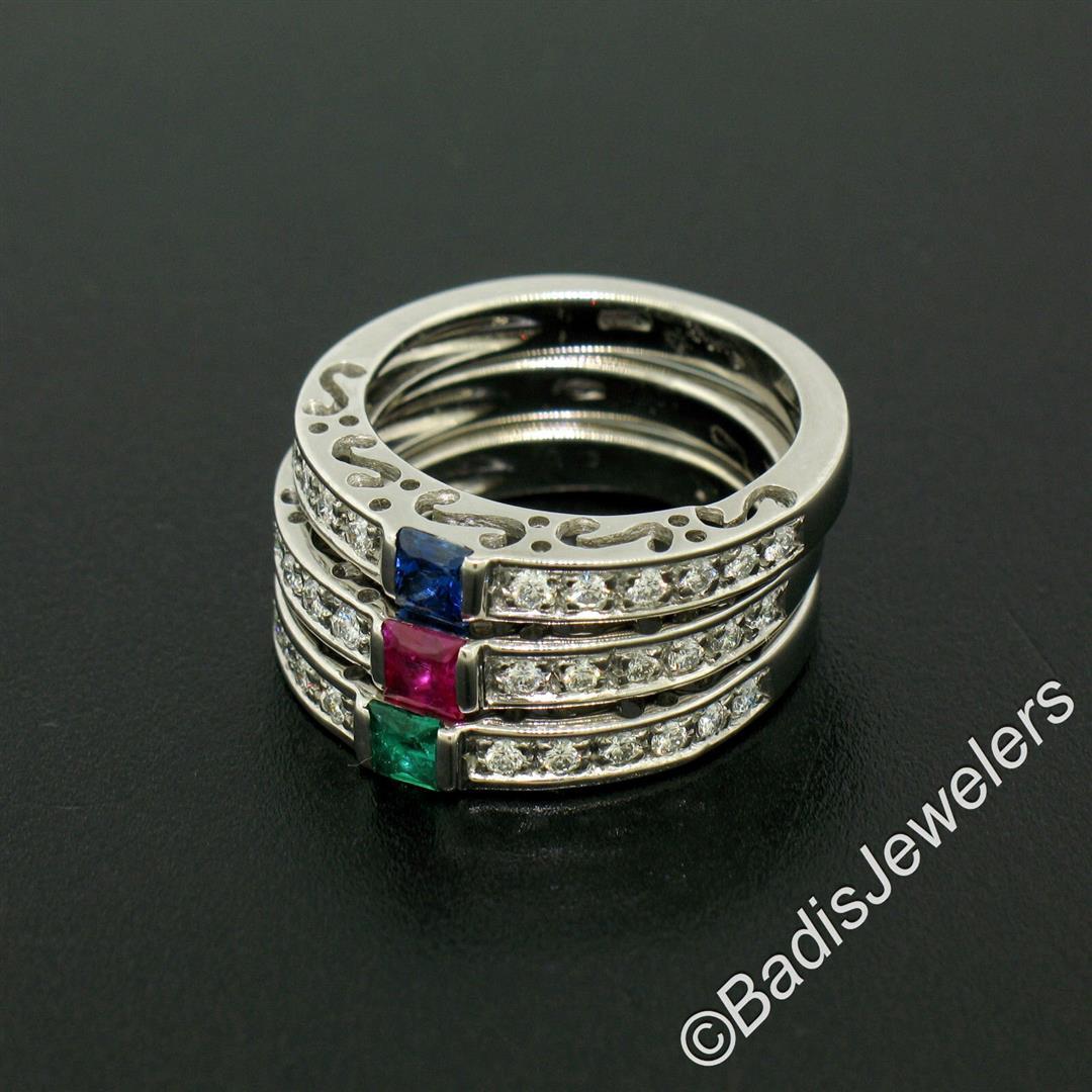 Set of 3 Stackable 18kt White Gold Emerald Ruby Sapphire and Diamond Band Rings