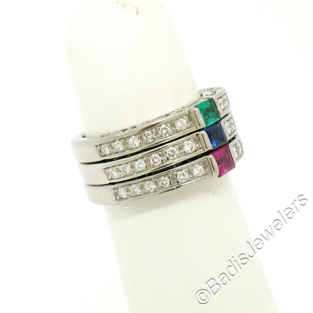 Set of 3 Stackable 18kt White Gold Emerald Ruby Sapphire and Diamond Band Rings