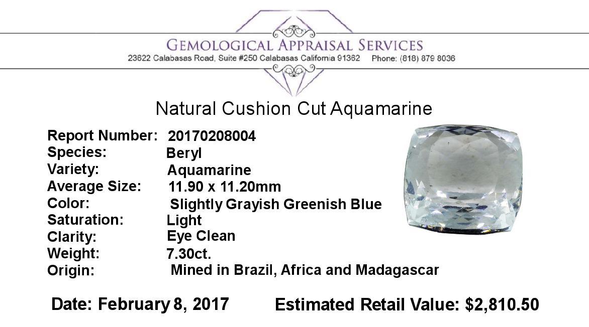 7.30 ct.Natural Cushion Cut Aquamarine