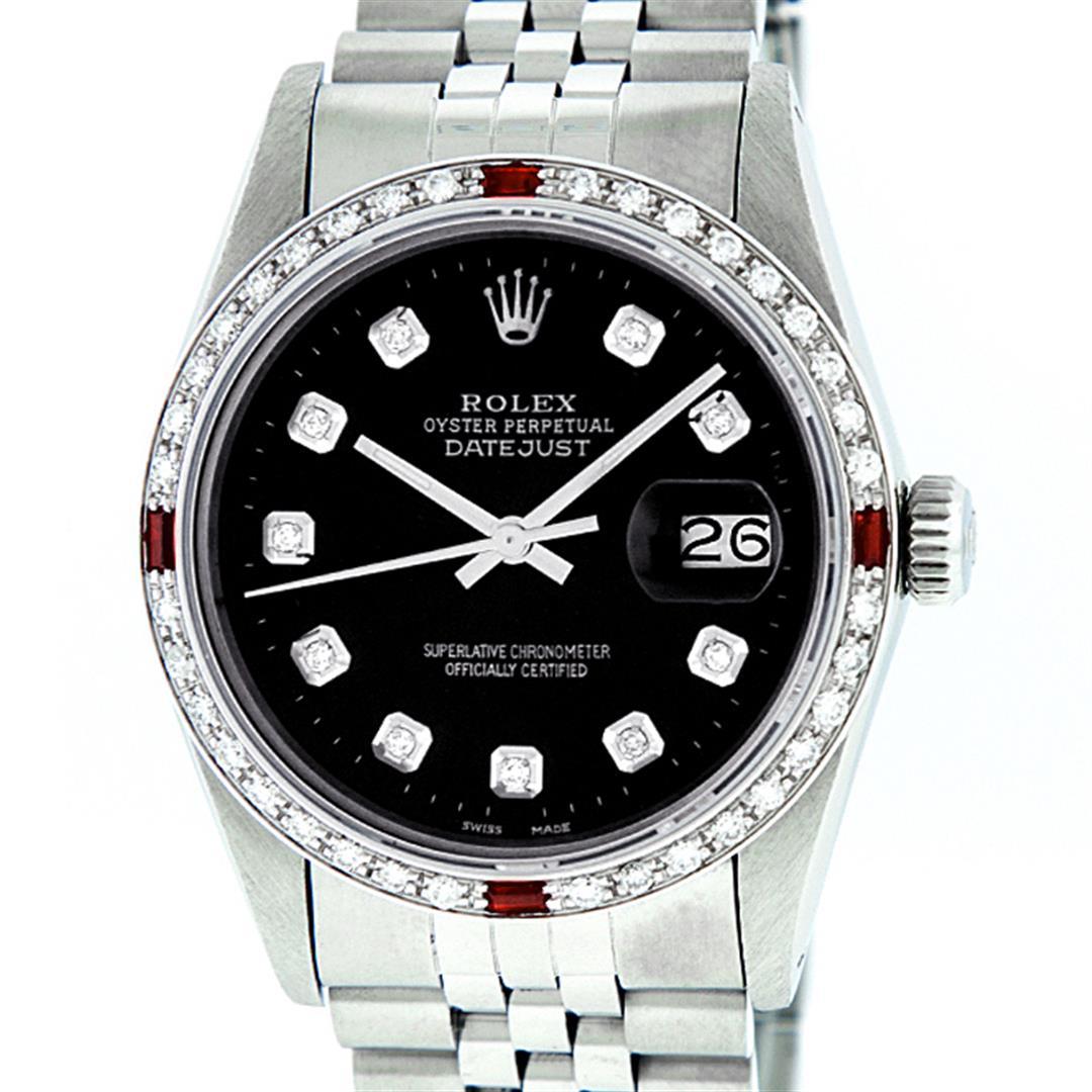 Rolex Mens Stainless Steel Black Diamond & Ruby 36MM Datejust Wristwatch Oyster